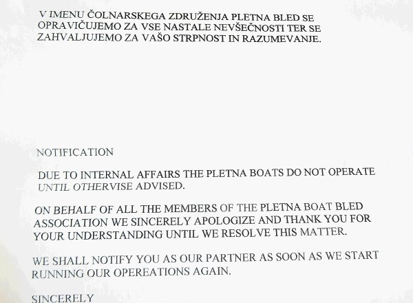 Pletnjarji so turistične agencije obvestili, da turistov do nadaljnjega ne bodo prevažali na otok.