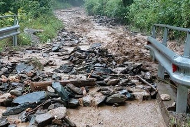 #foto V petkovem neurju meteorna voda zalivala kleti, veter odkrival strehe in podiral drevesa