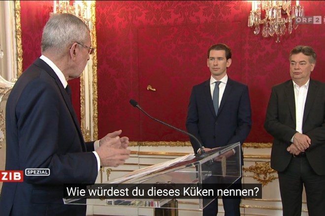 Sebastian Kurz in Alexander Van der Bellen, pod njima napačni podnapisi.