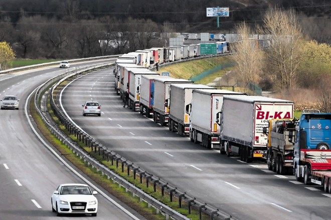 Kolona tovornjakov na dolenjski avtocesti pred mejnim prehodom Obrežje je bila včeraj dolga 12 kilometrov, za prehod meje so...